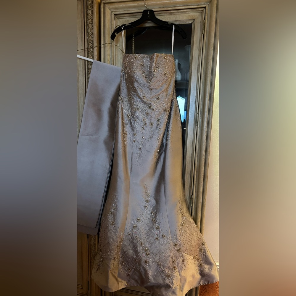 Jovani Strapless Gown in Silver and Gold